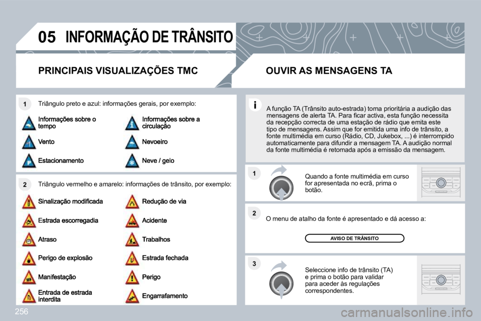 PEUGEOT 3008 2010  Manual de utilização (in Portuguese) 256
�0�5
�2
�1
�3
�2
�1
� �I�N�F�O�R�M�A�Ç�Ã�O� �D�E� �T�R�Â�N�S�I�T�O� 
� � � � � � �P�R�I�N�C�I�P�A�I�S� �V�I�S�U�A�L�I�Z�A�Ç�Õ�E�S� �T�M�C� 
  Triângulo vermelho e amarelo: informações de t