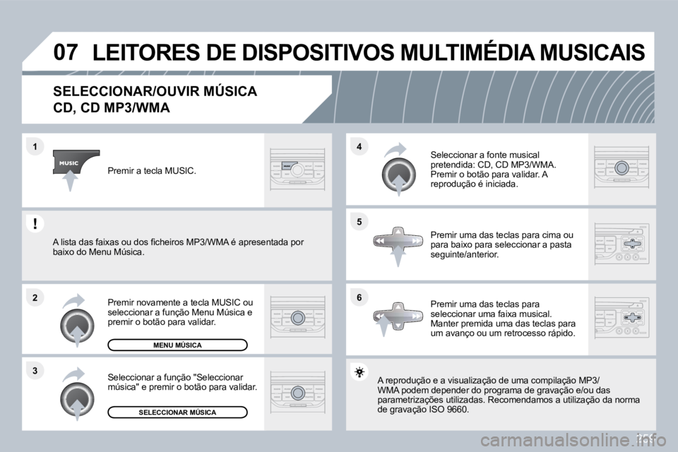 PEUGEOT 3008 2010  Manual de utilização (in Portuguese) 259
�0�7
�6
�4 
�5
�3
�2
�1
� � � � � � � � � � �S�E�L�E�C�C�I�O�N�A�R�/�O�U�V�I�R� �M�Ú�S�I�C�A� � 
�C�D�,� �C�D� �M�P�3�/�W�M�A� 
 A reprodução e a visualização de uma compilação MP
3o MP3/WM