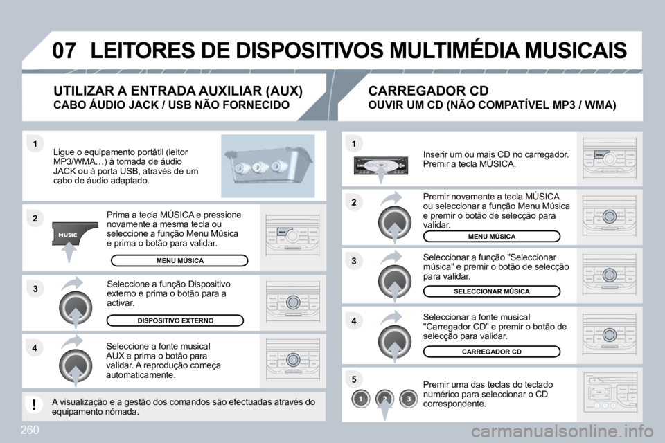 PEUGEOT 3008 2010  Manual de utilização (in Portuguese) 260
�4�3
�1
�2
�0�7
�1
�4
�2
�3
�5
� �L�E�I�T�O�R�E�S� �D�E� �D�I�S�P�O�S�I�T�I�V�O�S� �M�U�L�T�I�M�É�D�I�A� �M�U�S�I�C�A�I�S� 
  Ligue o equipamento portátil (leitor MP3/WMA…) à tomada de áudio