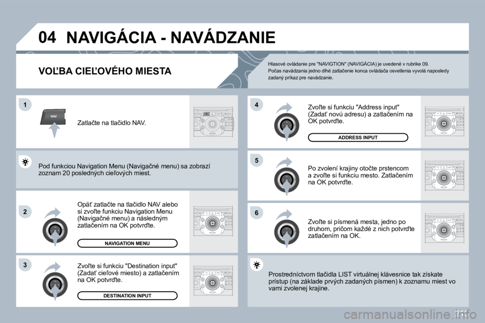 PEUGEOT 3008 2010  Návod na použitie (in Slovakian) �2�1�3
NAV
�0�4
�1
�2
�3
�6
�5
�4
� �N�A�V�I�G�Á�C�I�A� �-� �N�A�V�Á�D�Z�A�N�I�E� 
� � � � � � � � � � � � �V�O,�B�A� �C�I�E,�O�V�É�H�O� �M�I�E�S�T�A� 
� � �O�p�ä?� �z�a�t�l�a�č�t�e� �n�a� �t�