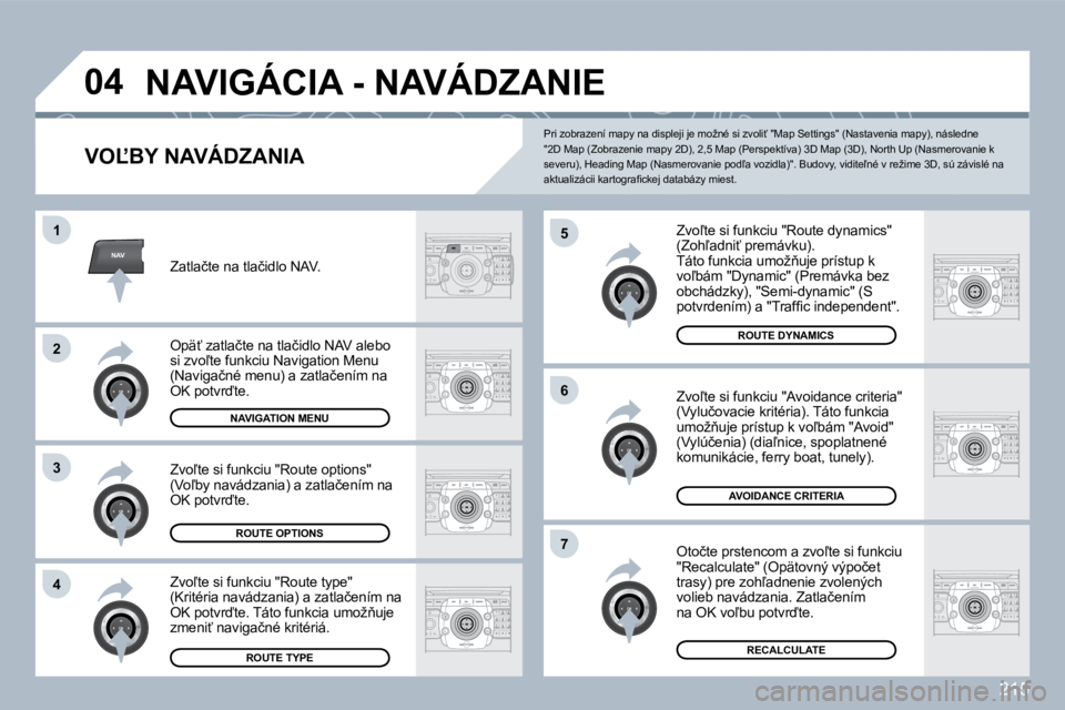 PEUGEOT 3008 2010  Návod na použitie (in Slovakian) 215
NAV
�0�4
�5
�6
�7
�1
�2
�3
�4
� �N�A�V�I�G�Á�C�I�A� �-� �N�A�V�Á�D�Z�A�N�I�E� 
� � �V�O,�B�Y� �N�A�V�Á�D�Z�A�N�I�A� 
� � �Z�v�o-�t�e� �s�i� �f�u�n�k�c�i�u� �"�R�o�u�t�e� �d�y�n�a�m�i�c�s�