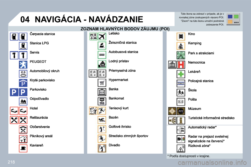 PEUGEOT 3008 2010  Návod na použitie (in Slovakian) 218
�0�4 �N�A�V�I�G�Á�C�I�A� �-� �N�A�V�Á�D�Z�A�N�I�E 
� � �Z�O�Z�N�A�M� �H�L�A�V�N�Ý�C�H� �B�O�D�O�V� �Z�Á�U�J�M�U� �(�P�O�I�)� � � �Z�O�Z�N�A�M� �H�L�A�V�N�Ý�C�H� �B�O�D�O�V� �Z�Á�U�J�M�U� �(�