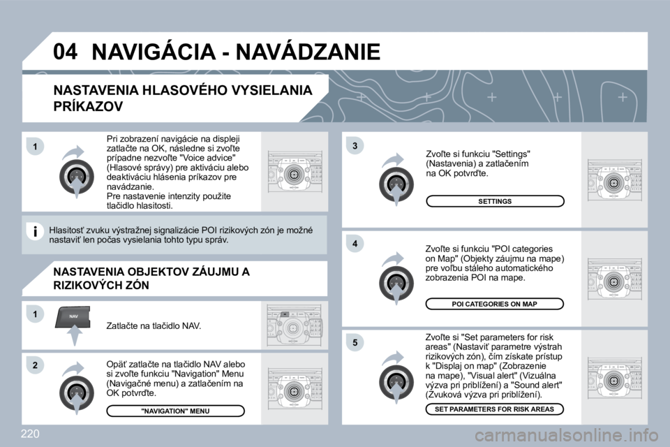 PEUGEOT 3008 2010  Návod na použitie (in Slovakian) 220
�0�4
�5
�3
�4
NAV�1
�2
�1
� � �N�A�S�T�A�V�E�N�I�A� �H�L�A�S�O�V�É�H�O� �V�Y�S�I�E�L�A�N�I�A� 
�P�R�Í�K�A�Z�O�V� 
� � �Z�v�o-�t�e� �s�i� �"�S�e�t� �p�a�r�a�m�e�t�e�r�s� �f�o�r� �r�i�s�k� �a