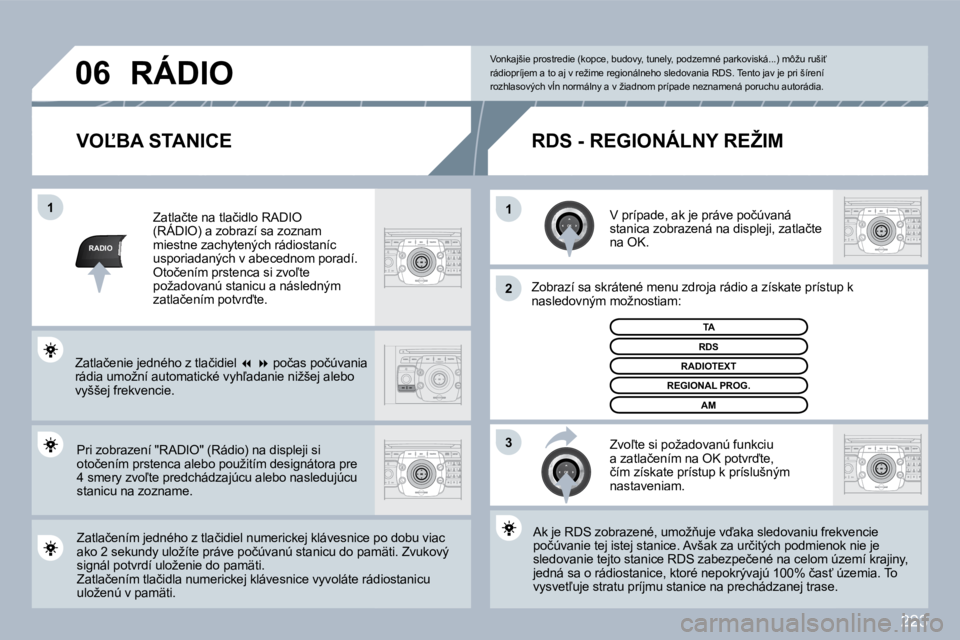PEUGEOT 3008 2010  Návod na použitie (in Slovakian) �2�2�3
RADIO
�1�1
�2
�3
�0�6
� � �V�O,�B�A� �S�T�A�N�I�C�E� 
� � �V� �p�r�í�p�a�d�e�,� �a�k� �j�e� �p�r�á�v�e� �p�o�č�ú�v�a�n�á� �s�t�a�n�i�c�a� �z�o�b�r�a�z�e�n�á� �n�a� �d�i�s�p�l�e�j�i�,� �z