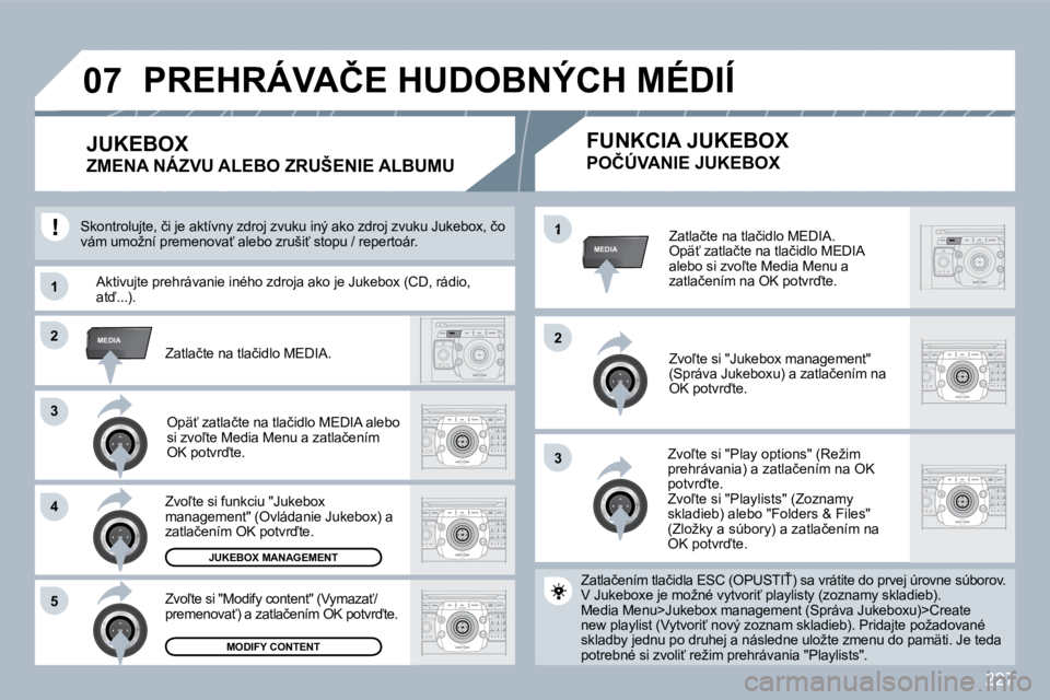 PEUGEOT 3008 2010  Návod na použitie (in Slovakian) 227
�3�3
�2�2MEDIA
�3�3
�4�4
�5�5
�2�2
MEDIA�1
�1�1
�0�7
� � �Z�a�t�l�a�č�t�e� �n�a� �t�l�a�č�i�d�l�o� �M�E�D�I�A�.� � �O�p�ä?� �z�a�t�l�a�č�t�e� �n�a� �t�l�a�č�i�d�l�o� �M�E�D�I�A� �a�l�e�b�o� 