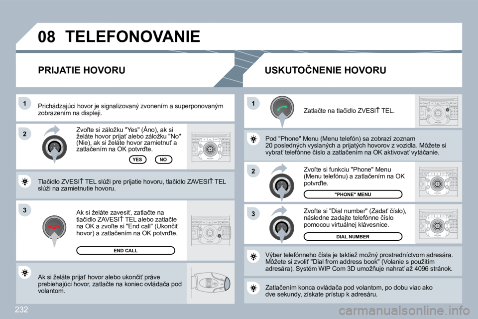 PEUGEOT 3008 2010  Návod na použitie (in Slovakian) �2�3�2
�3
�1�1
�2
�3
�2
�0�8
� �A�k� �s�i� �ž�e�l�á�t�e� �p�r�i�j�a?� �h�o�v�o�r� �a�l�e�b�o� �u�k�o�n�č�i?� �p�r�á�v�e� �p�r�e�b�i�e�h�a�j�ú�c�i� �h�o�v�o�r�,� �z�a�t�l�a�č�t�e� �n�a� �k�o�n�