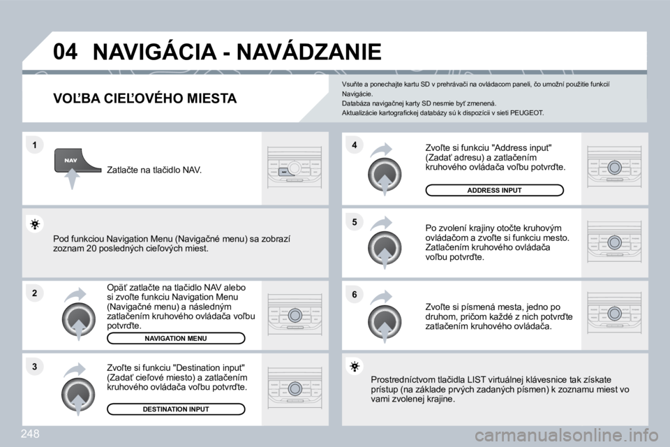PEUGEOT 3008 2010  Návod na použitie (in Slovakian) 248
�1
�2
�3
�5 
�6
�4
�0�4� �N�A�V�I�G�Á�C�I�A� �-� �N�A�V�Á�D�Z�A�N�I�E� 
� � � � � � � � � � � � �V�O,�B�A� �C�I�E,�O�V�É�H�O� �M�I�E�S�T�A� 
� � �O�p�ä?� �z�a�t�l�a�č�t�e� �n�a� �t�l�a�č�