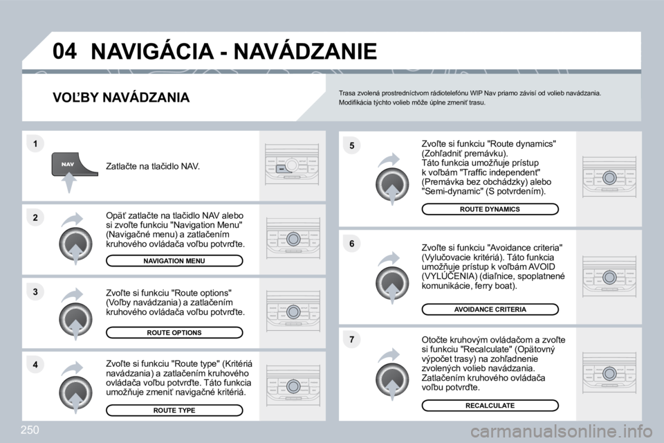 PEUGEOT 3008 2010  Návod na použitie (in Slovakian) 250
�4
�3
�2
�1
�7
�6
�5
�0�4 � �N�A�V�I�G�Á�C�I�A� �-� �N�A�V�Á�D�Z�A�N�I�E�  
� � �V�O,�B�Y� �N�A�V�Á�D�Z�A�N�I�A� 
� � �Z�v�o-�t�e� �s�i� �f�u�n�k�c�i�u� �"�R�o�u�t�e� �d�y�n�a�m�i�c�s�