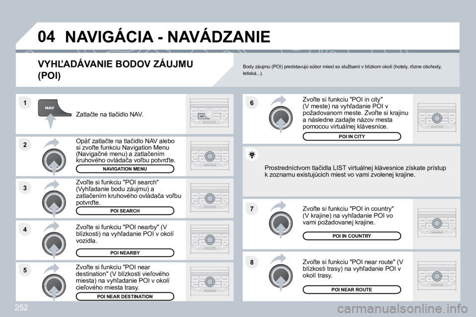PEUGEOT 3008 2010  Návod na použitie (in Slovakian) 252
�8
�6 
�7
�4
�3
�5
�2
�1
�0�4� �N�A�V�I�G�Á�C�I�A� �-� �N�A�V�Á�D�Z�A�N�I�E� 
� � �V�Y�H,�A�D�Á�V�A�N�I�E� �B�O�D�O�V� �Z�Á�U�J�M�U� 
�(�P�O�I�)� 
� � �Z�a�t�l�a�č�t�e� �n�a� �t�l�a�č�i�d�l