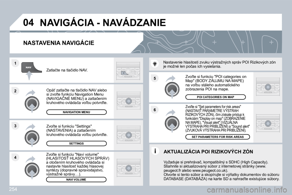 PEUGEOT 3008 2010  Návod na použitie (in Slovakian) 254
�5 
�6
�3
�2
�1
�4
�0�4
� � �N�A�S�T�A�V�E�N�I�A� �N�A�V�I�G�Á�C�I�E� 
� � �Z�v�o-�t�e� �s�i� �"�S�e�t� �p�a�r�a�m�e�t�e�r�s� �f�o�r� �r�i�s�k� �a�r�e�a�s�"� �(�N�A�S�T�A�V�I>� �P�A�R�A
