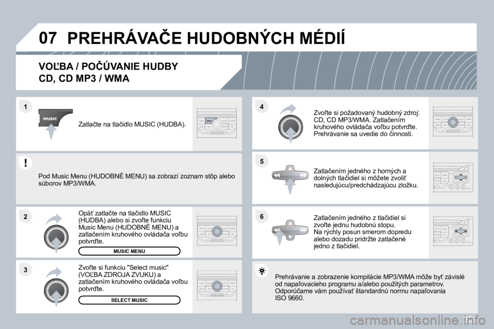 PEUGEOT 3008 2010  Návod na použitie (in Slovakian) 259
�0�7
�6
�4 
�5
�3
�2
�1
� � � � � � � � � � �V�O,�B�A� �/� �P�O�Č�Ú�V�A�N�I�E� �H�U�D�B�Y� � 
�C�D�,� �C�D� �M�P�3� �/� �W�M�A� 
� �P�r�e�h�r�á�v�a�n�i�e� �a� �z�o�b�r�a�z�e�n�i�e� �k�o�m�p�i�