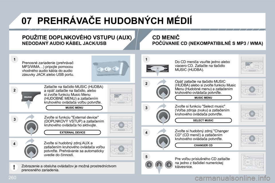 PEUGEOT 3008 2010  Návod na použitie (in Slovakian) 260
�4�3
�1
�2
�0�7
�1
�4
�2
�3
�5
� �P�R�E�H�R�Á�V�A�Č�E� �H�U�D�O�B�N�Ý�C�H� �M�É�D�I�Í� 
� � �P�r�e�n�o�s�n�é� �z�a�r�i�a�d�e�n�i�e� �(�p�r�e�h�r�á�v�a�č� �M�P�3�/�W�M�A�…�)� �p�r�i�p�o�j