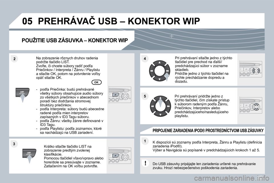 PEUGEOT 3008 2010  Návod na použitie (in Slovakian) 281
�3�3
�4�4
�1�1
�5�5
�2�2
� �P�R�E�H�R�Á�V�A�Č� �U�S�B� �–� �K�O�N�E�K�T�O�R� �W�I�P� 
� � �P�O�U�Ž�I�T�I�E� �U�S�B� �Z�Á�S�U�V�K�A� �–� �K�O�N�E�K�T�O�R� �W�I�P� 
� � �K�r�á�t�k�o� �s�t�l