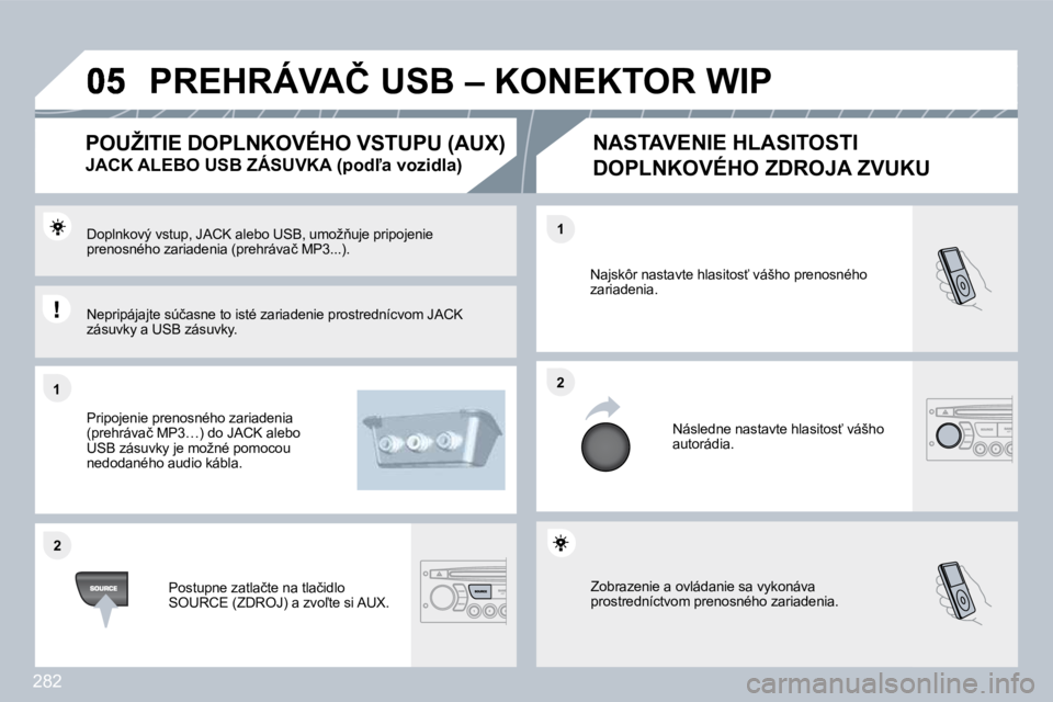 PEUGEOT 3008 2010  Návod na použitie (in Slovakian) 282
�1�1
�2�2
�2�2
�1�1
� �Z�o�b�r�a�z�e�n�i�e� �a� �o�v�l�á�d�a�n�i�e� �s�a� �v�y�k�o�n�á�v�a� �p�r�o�s�t�r�e�d�n�í�c�t�v�o�m� �p�r�e�n�o�s�n�é�h�o� �z�a�r�i�a�d�e�n�i�a�.� 
� �N�a�j�s�k�ô�r� �n