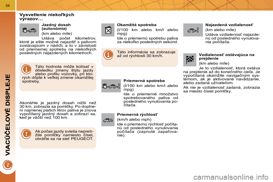 PEUGEOT 3008 2010  Návod na použitie (in Slovakian) 54
� � � � � � �V�y�s�v�e�t�l�e�n�i�e� �n�i�e�k�o-�k�ý�c�h� �v�ý�r�a�z�o�v�…� 
� �A�k�o�n�á�h�l�e�  �j�e�  �j�a�z�d�n�ý�  �d�o�s�a�h�  �n�i�ž�š�í�  �n�e�ž�  
�3�0� �k�m�,� �z�o�b�r�a�z�i�a�