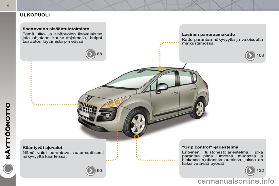 PEUGEOT 3008 2010  Omistajan Käsikirja (in Finnish) 4
 ULKOPUOLI  
  Saattovalon sisääntulotoiminto  
 Tämä  ulko-  ja  sisäpuolen  lisävalaistus,  
jota  ohjataan  kauko-ohjaimella,  helpot-
taa auton löytämistä pimeässä.  88  
  Kääntyv�