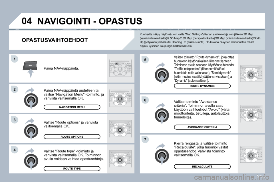 PEUGEOT 3008 2010  Omistajan Käsikirja (in Finnish) 215
NAV
�0�4
�5
�6
�7
�1
�2
3
�4
 NAVIGOINTI - OPASTUS 
  OPASTUSVAIHTOEHDOT 
Valitse toiminto "Route dynamics", joka ottaa huomioon käytönaikaisen liikennetilanteen.  Toiminnon avulla saadaan käyt