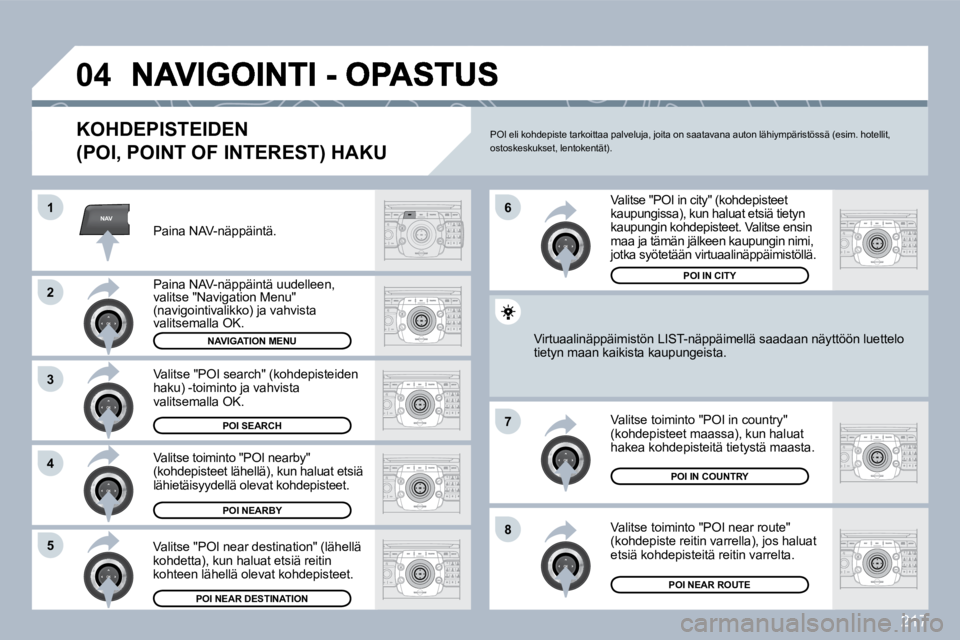 PEUGEOT 3008 2010  Omistajan Käsikirja (in Finnish) 217
NAV
�0�4
�1
�2
3
�4
�7
�8�5
�6
  KOHDEPISTEIDEN 
�(�P�O�I�,� �P�O�I�N�T� �O�F� �I�N�T�E�R�E�S�T�)� �H�A�K�U� 
  Paina NAV-näppäintä.  
  Paina NAV-näppäintä uudelleen, valitse "Navigation Me