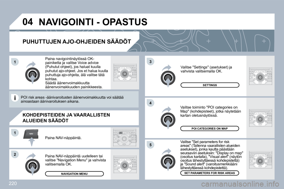PEUGEOT 3008 2010  Omistajan Käsikirja (in Finnish) 220
�0�4
�5
3
�4
NAV�1
�2
�1
  PUHUTTUJEN AJO-OHJEIDEN SÄÄDÖT 
  Valitse "Set parameters for risk areas" (Tallenna vaarallisten alueiden asetukset), jonka kautta päästään seuraaviin asetuksiin: