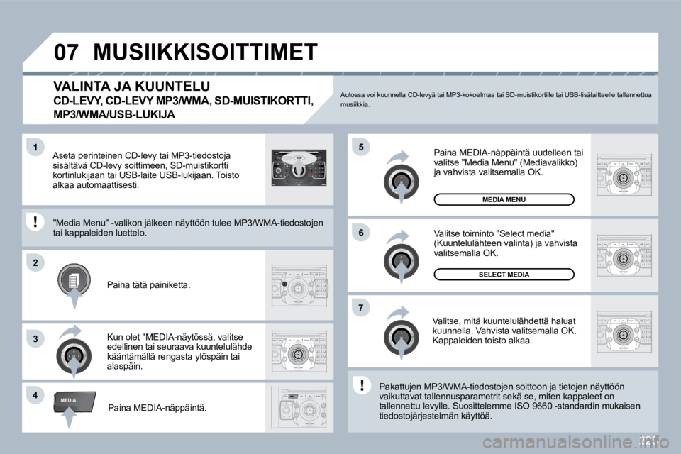 PEUGEOT 3008 2010  Omistajan Käsikirja (in Finnish) 225
�4
�5
�6
�2
�7
3
�1
MEDIA
�0�7
2
ABC 3
DEF
5
JKL
4
GHI 6
MNO
8
TUV
7
PQRS 9
WXYZ
0
* #
1
RADIO MEDIA
NAV ESC TRAFFIC
SETUP
ADDRBOOK
  VALINTA JA KUUNTELU  
�C�D�-�L�E�V�Y�,� �C�D�-�L�E�V�Y� �M�P�3