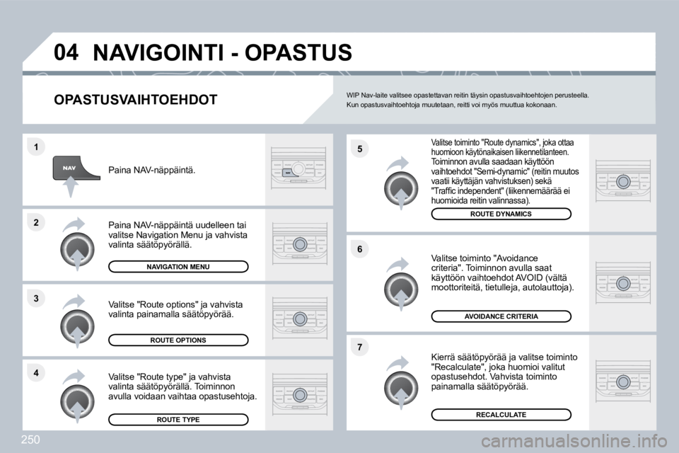 PEUGEOT 3008 2010  Omistajan Käsikirja (in Finnish) 250
�4
�3
�2
�1
�7
�6
�5
�0�4� �N�A�V�I�G�O�I�N�T�I� �-� �O�P�A�S�T�U�S� 
� � �O�P�A�S�T�U�S�V�A�I�H�T�O�E�H�D�O�T� 
  Valitse toiminto "Route dynamics", joka ottaa huomioon käytönaikaisen liikennet