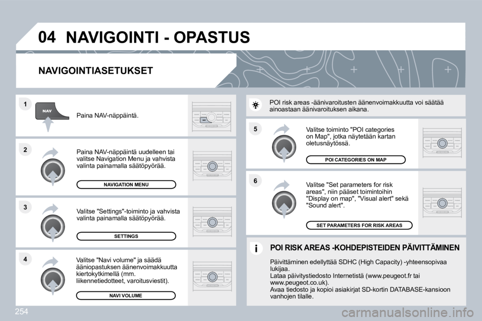PEUGEOT 3008 2010  Omistajan Käsikirja (in Finnish) 254
�5 
�6
�3
�2
�1
�4
�0�4
� � �N�A�V�I�G�O�I�N�T�I�A�S�E�T�U�K�S�E�T� 
  Valitse "Set parameters for risk areas", niin pääset toimintoihin "Display on map", "Visual alert" sekä "Sound alert". 
  