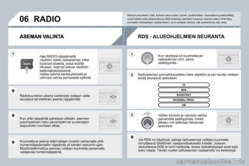 PEUGEOT 3008 2010  Omistajan Käsikirja (in Finnish) 257
�3
�2
�1
�1
�0�6
  Kun näytössä on kuunneltavan radioaseman nimi, paina säätöpyörää.  
  Radioaseman ponnahdusvalikko tulee näyttöön ja se
n k sen kautta voidaan tehdä seuraavat asetu
