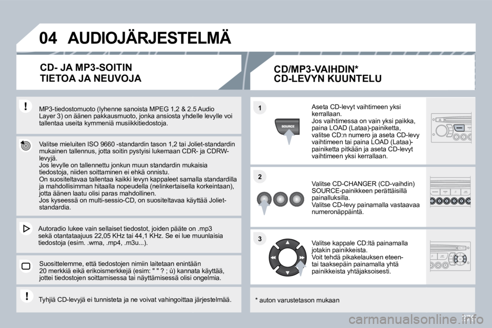 PEUGEOT 3008 2010  Omistajan Käsikirja (in Finnish) 279
�0�4
�1�1
�2�2
�3�3
  MP3-tiedostomuoto (lyhenne sanoista MPEG 1,2 & 2.5  & 2.5 Audio Layer 3) on äänen pakkausmuoto, jonka ansiosta yhde l yhdelle levylle voi tallentaa useita kymmeniä musiikk