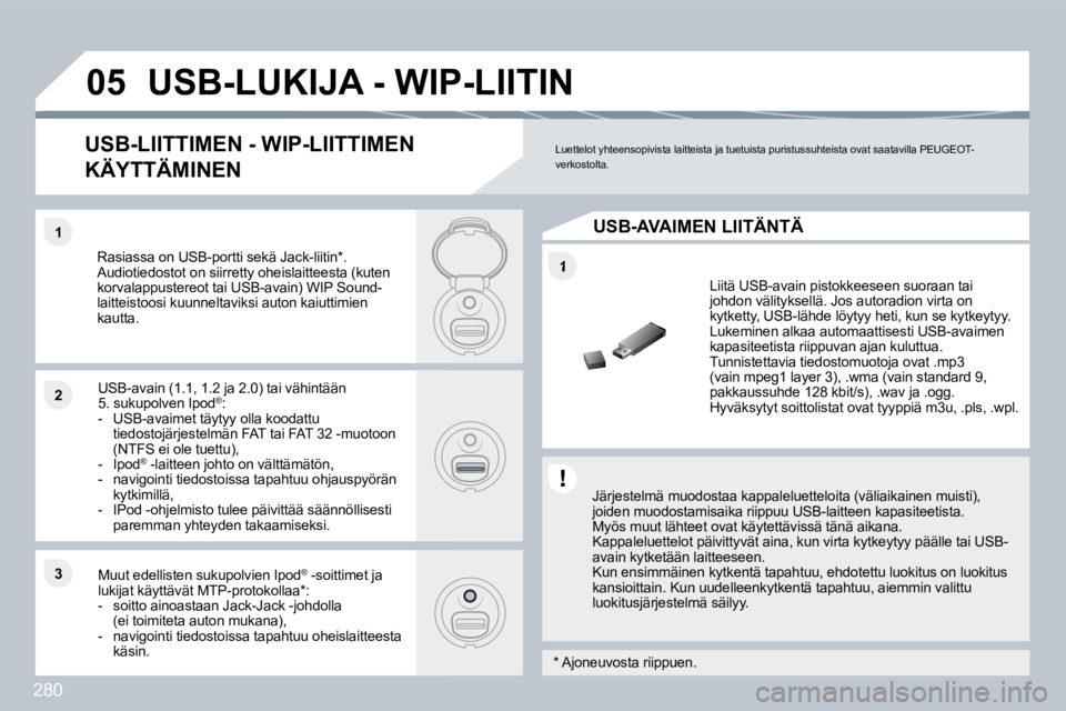 PEUGEOT 3008 2010  Omistajan Käsikirja (in Finnish) 280
�1
�1�1
�2�2
�3�3
�0�5� �U�S�B�-�L�U�K�I�J�A� �-� �W�I�P�-�L�I�I�T�I�N� 
  Järjestelmä muodostaa kappaleluetteloita (väliaikainen muisti), joiden muodostamisaika riippuu USB-laitteen kapasit ee
