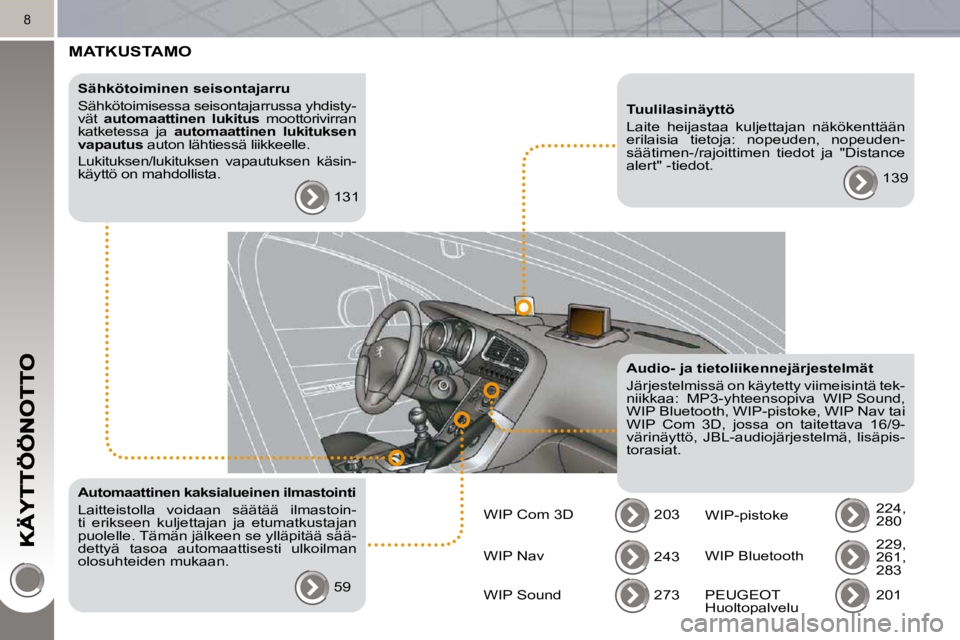 PEUGEOT 3008 2010  Omistajan Käsikirja (in Finnish) 8
 MATKUSTAMO  
  Sähkötoiminen seisontajarru  
 Sähkötoimisessa seisontajarrussa yhdisty- 
vät   automaattinen  lukitus    moottorivirran 
katketessa  ja    automaattinen  lukituksen 
vapautus  