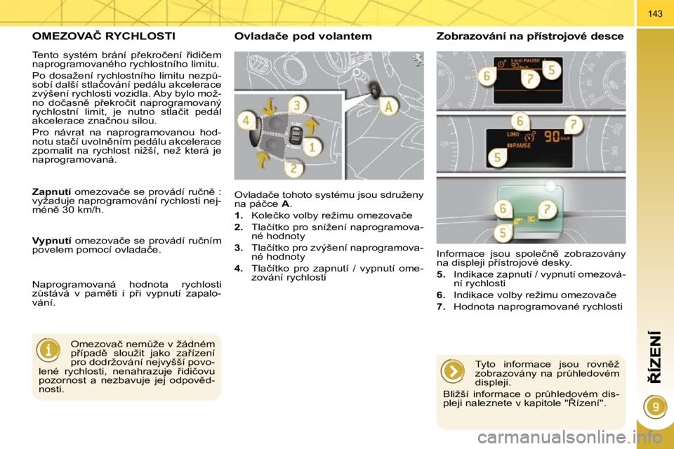 PEUGEOT 3008 2010  Návod na použití (in Czech) 143
� � � � � �O�M�E�Z�O�V�A�Č� �R�Y�C�H�L�O�S�T�I� 
� �O�v�l�a�d�a�č�e� �t�o�h�o�t�o� �s�y�s�t�é�m�u� �j�s�o�u� �s�d�r�u�ž�e�n�y�  
�n�a� �p�á�č�c�e� � A . 
   
�1�. � �  �K�o�l�e�č�k�o� �v�o�