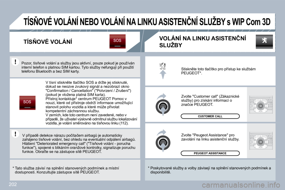 PEUGEOT 3008 2010  Návod na použití (in Czech) 202
� �P�E�U�G�E�O�T� �A�S�S�I�S�T�A�N�C�E� � 
� �C�U�S�T�O�M�E�R� �C�A�L�L� 
� �S�t�i�s�k�n)�t�e� �t�o�t�o� �t�l�a�č�í�t�k�o� �p�r�o� �p9�í�s�t�u�p� �k�e� �s�l�u�ž�b�á�m� �P�E�U�G�E�O�T� �*� �