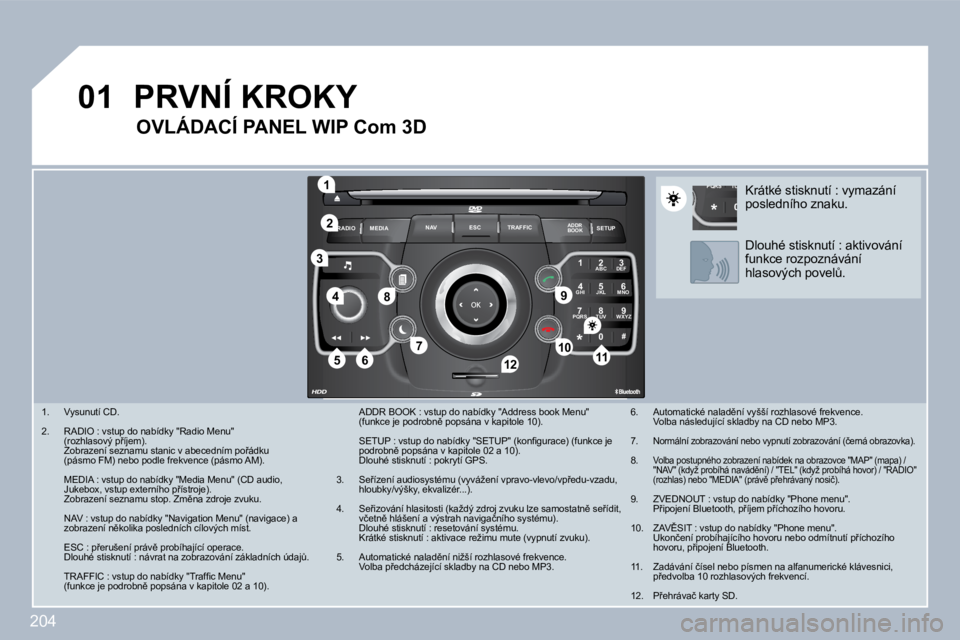 PEUGEOT 3008 2010  Návod na použití (in Czech) 204
�0�1
2
ABC 3
DEF
5
JKL
4
GHI 6
MNO
8
TUV
7
PQRS 9
WXYZ
0
* #
1
RADIO MEDIA
NAV ESC TRAFFIC
SETUP
ADDR BOOK
�1
�1�0
�2
�3
�4
�6�1�2
�9
�7
�8
�1�1�5
TU
PQRS
0
*
� � � �1�.� �  �V�y�s�u�n�u�t�í� �C�