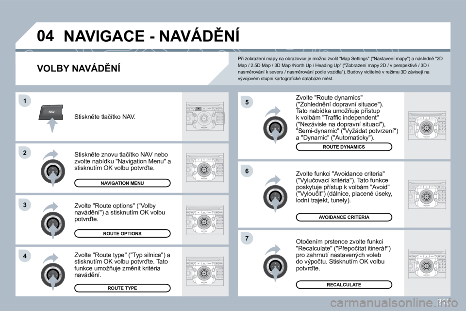 PEUGEOT 3008 2010  Návod na použití (in Czech) 215
NAV
�0�4
�5
�6
�7
�1
�2
�3
�4
� �N�A�V�I�G�A�C�E� �-� �N�A�V�Á�D(�N�Í� 
� � �V�O�L�B�Y� �N�A�V�Á�D(�N�Í� 
� � �Z�v�o�l�t�e� �"�R�o�u�t�e� �d�y�n�a�m�i�c�s�"� �(�"�Z�o�h�l�e�d�n)