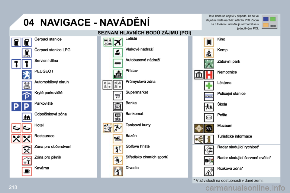 PEUGEOT 3008 2010  Návod na použití (in Czech) 218
�0�4� �N�A�V�I�G�A�C�E� �-� �N�A�V�Á�D(�N�Í� 
� � �S�E�Z�N�A�M� �H�L�A�V�N�Í�C�H� �B�O�D#� �Z�Á�J�M�U� �(�P�O�I�)� � � �S�E�Z�N�A�M� �H�L�A�V�N�Í�C�H� �B�O�D#� �Z�Á�J�M�U� �(�P�O�I�)� � �