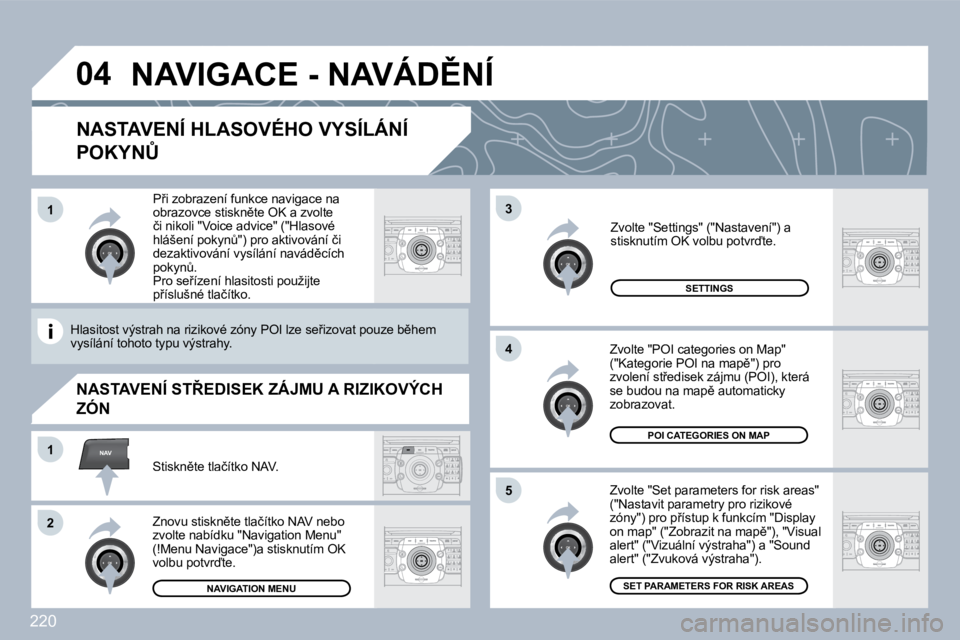 PEUGEOT 3008 2010  Návod na použití (in Czech) 220
�0�4
�5
�3
�4
NAV�1
�2
�1
� � �N�A�S�T�A�V�E�N�Í� �H�L�A�S�O�V�É�H�O� �V�Y�S�Í�L�Á�N�Í� 
�P�O�K�Y�N#� 
� � �Z�v�o�l�t�e� �"�S�e�t� �p�a�r�a�m�e�t�e�r�s� �f�o�r� �r�i�s�k� �a�r�e�a�s�"