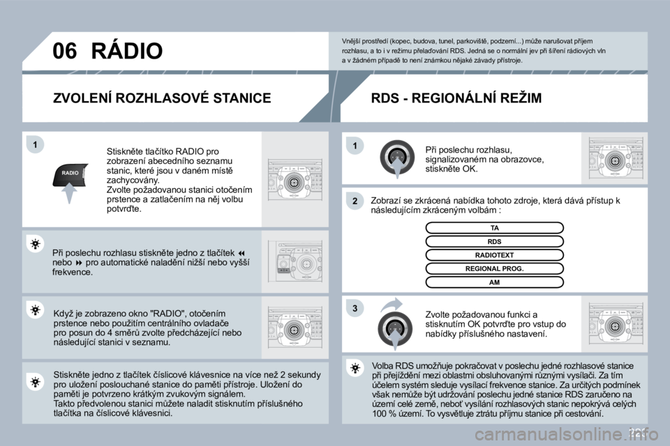 PEUGEOT 3008 2010  Návod na použití (in Czech) �2�2�3
RADIO
�1�1
�2
�3
�0�6
� � �Z�V�O�L�E�N�Í� �R�O�Z�H�L�A�S�O�V�É� �S�T�A�N�I�C�E� 
� � �P9�i� �p�o�s�l�e�c�h�u� �r�o�z�h�l�a�s�u�,� �s�i�g�n�a�l�i�z�o�v�a�n�é�m� �n�a� �o�b�r�a�z�o�v�c�e�,� �