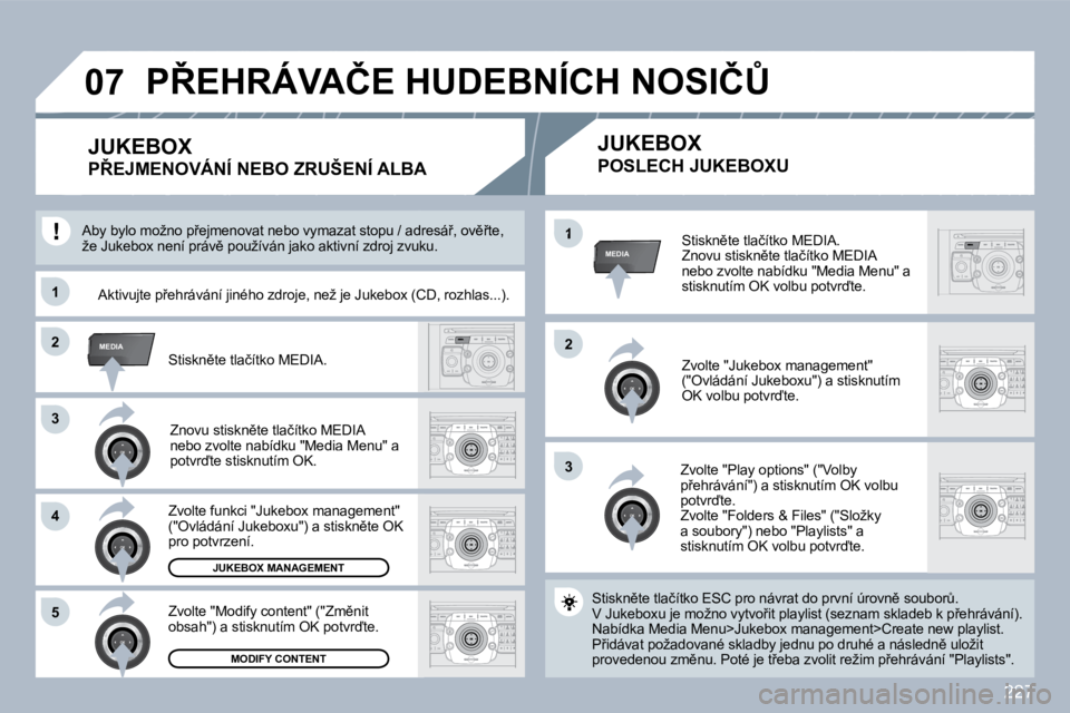 PEUGEOT 3008 2010  Návod na použití (in Czech) 227
�3�3
�2�2MEDIA
�3�3
�4�4
�5�5
�2�2
MEDIA�1
�1�1
�0�7
� � �S�t�i�s�k�n)�t�e� �t�l�a�č�í�t�k�o� �M�E�D�I�A�.� � �Z�n�o�v�u� �s�t�i�s�k�n)�t�e� �t�l�a�č�í�t�k�o� �M�E�D�I�A� �n�e�b�o� �z�v�o�l�