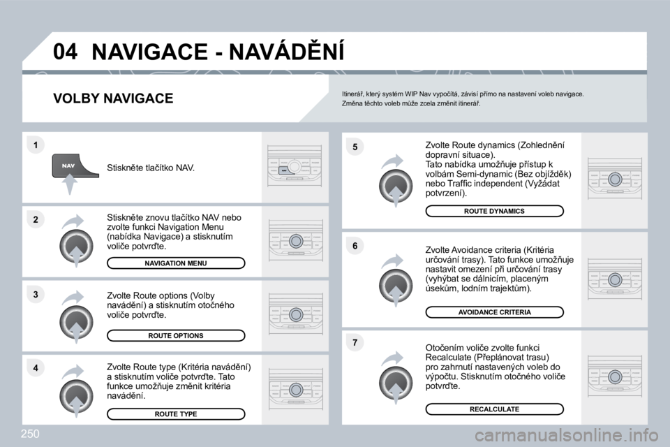 PEUGEOT 3008 2010  Návod na použití (in Czech) 250
�4
�3
�2
�1
�7
�6
�5
�0�4� �N�A�V�I�G�A�C�E� �-� �N�A�V�Á�D(�N�Í� 
� � �V�O�L�B�Y� �N�A�V�I�G�A�C�E� 
� � �Z�v�o�l�t�e� �R�o�u�t�e� �d�y�n�a�m�i�c�s� �(�Z�o�h�l�e�d�n)�n�í� �d�o�p�r�a�v�n�í�