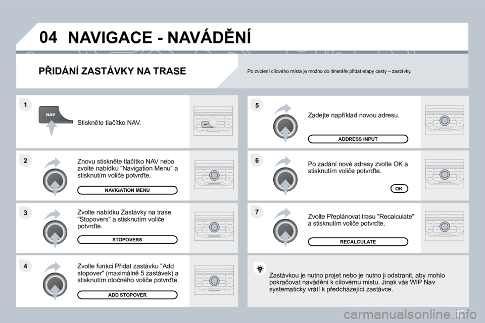 PEUGEOT 3008 2010  Návod na použití (in Czech) 251
�7
�6
�5
�4
�3
�2
�1
�0�4
� � �P8�I�D�Á�N�Í� �Z�A�S�T�Á�V�K�Y� �N�A� �T�R�A�S�E� 
� �Z�a�d�e�j�t�e� �n�a�p9�í�k�l�a�d� �n�o�v�o�u� �a�d�r�e�s�u�.� 
� �P�o� �z�a�d�á�n�í� �n�o�v�é� �a�d�r�