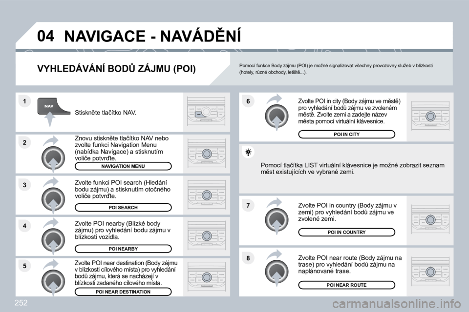 PEUGEOT 3008 2010  Návod na použití (in Czech) 252
�8
�6 
�7
�4
�3
�5
�2
�1
�0�4� �N�A�V�I�G�A�C�E� �-� �N�A�V�Á�D(�N�Í� 
� � �V�Y�H�L�E�D�Á�V�Á�N�Í� �B�O�D#� �Z�Á�J�M�U� �(�P�O�I�)� 
� � �S�t�i�s�k�n)�t�e� �t�l�a�č�í�t�k�o� �N�A�V�.� �