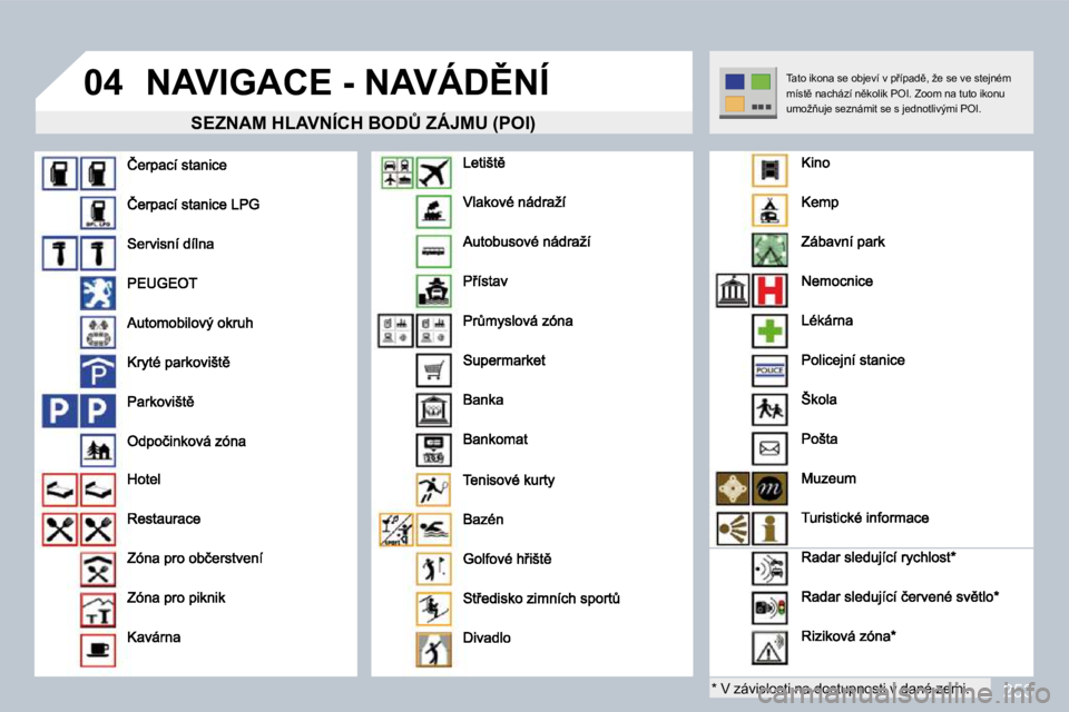 PEUGEOT 3008 2010  Návod na použití (in Czech) 253
04� �N�A�V�I�G�A�C�E� �-� �N�A�V�Á�D(�N�Í� 
� � �S�E�Z�N�A�M� �H�L�A�V�N�Í�C�H� �B�O�D#� �Z�Á�J�M�U� �(�P�O�I�)� 
� � �*� � � �V� �z�á�v�i�s�l�o�s�t�i� �n�a� �d�o�s�t�u�p�n�o�s�t�i� �v� �d�