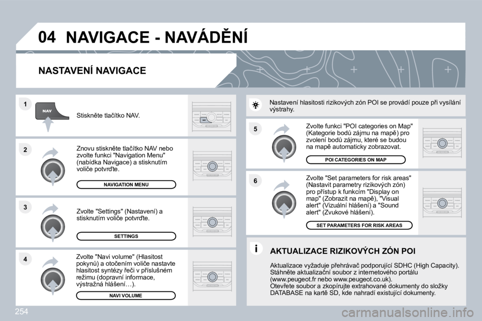 PEUGEOT 3008 2010  Návod na použití (in Czech) 254
�5 
�6
�3
�2
�1
�4
�0�4
� � �N�A�S�T�A�V�E�N�Í� �N�A�V�I�G�A�C�E� 
� � �Z�v�o�l�t�e� �"�S�e�t� �p�a�r�a�m�e�t�e�r�s� �f�o�r� �r�i�s�k� �a�r�e�a�s�"� �(�N�a�s�t�a�v�i�t� �p�a�r�a�m�e�t�r�y