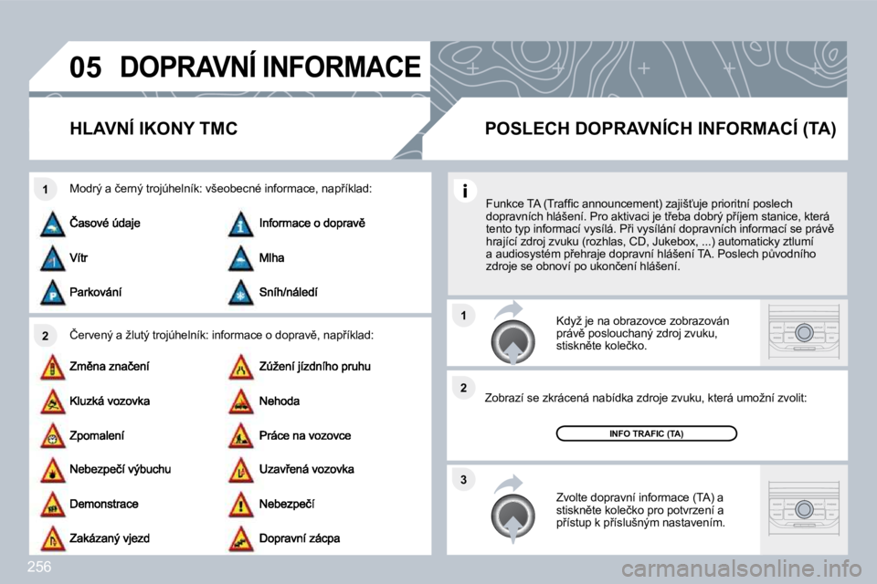 PEUGEOT 3008 2010  Návod na použití (in Czech) 256
�0�5
�2
�1
�3
�2
�1
� �D�O�P�R�A�V�N�Í� �I�N�F�O�R�M�A�C�E� 
�H�L�A�V�N�Í� �I�K�O�N�Y� �T�M�C� 
� � �Č�e�r�v�e�n�ý� �a� �ž�l�u�t�ý� �t�r�o�j�ú�h�e�l�n�í�k�:� �i�n�f�o�r�m�a�c�e� �o� �d�o�p
