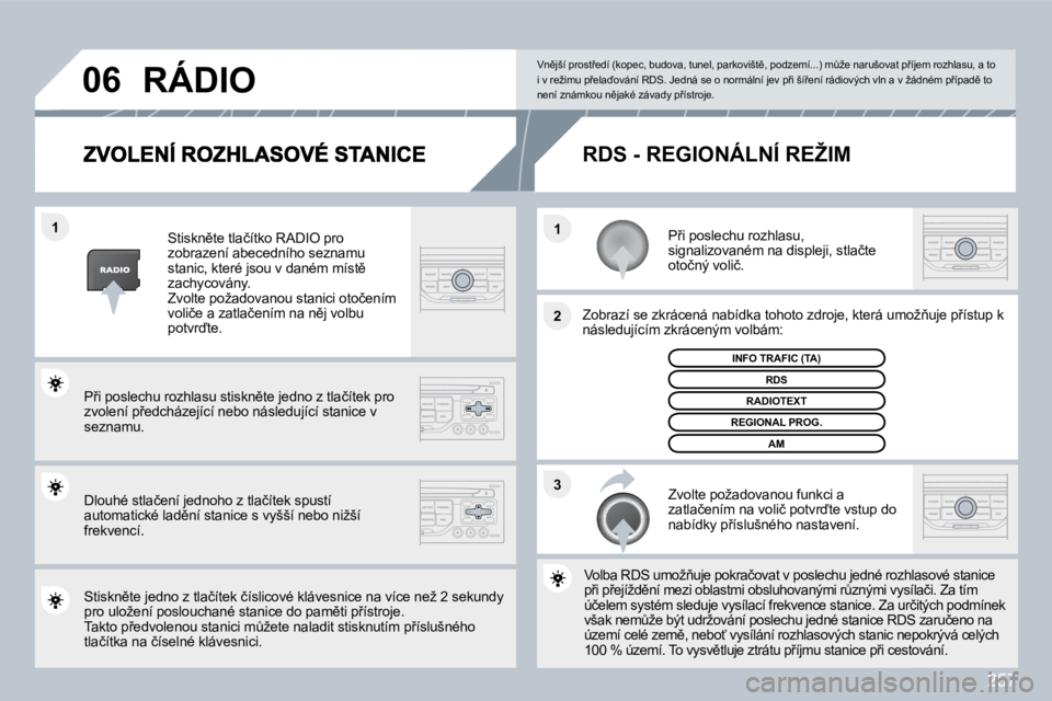 PEUGEOT 3008 2010  Návod na použití (in Czech) 257
�3
�2
�1
�1
�0�6
� � �P9�i� �p�o�s�l�e�c�h�u� �r�o�z�h�l�a�s�u�,� �s�i�g�n�a�l�i�z�o�v�a�n�é�m� �n�a� �d�i�s�p�l�e�j�i�,� �s�t�l�a�č�t�e� �o�t�o�č�n�ý� �v�o�l�i�č�.� � 
� � �Z�o�b�r�a�z�í� 