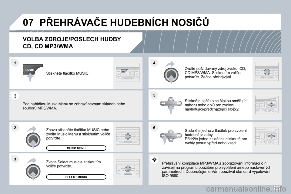 PEUGEOT 3008 2010  Návod na použití (in Czech) 259
�0�7
�6
�4 
�5
�3
�2
�1
�V�O�L�B�A� �Z�D�R�O�J�E�/�P�O�S�L�E�C�H� �H�U�D�B�Y� � 
�C�D�,� �C�D� �M�P�3�/�W�M�A� 
� �P9�e�h�r�á�v�á�n�í� �k�o�m�p�i�l�a�c�e� �M�P�3�/�W�M�A� �a� �z�o�b�r�a�z�o�v�