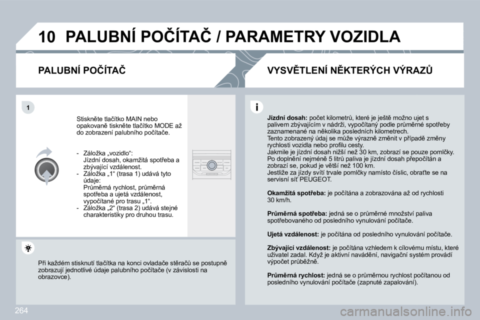 PEUGEOT 3008 2010  Návod na použití (in Czech) 264
�1�0
�1
� �P�A�L�U�B�N�Í� �P�O�Č�Í�T�A�Č� �/� �P�A�R�A�M�E�T�R�Y� �V�O�Z�I�D�L�A� 
� � �P�A�L�U�B�N�Í� �P�O�Č�Í�T�A�Č� 
� �S�t�i�s�k�n)�t�e� �t�l�a�č�í�t�k�o� � �M�A�I�N� � �n�e�b�o� �o