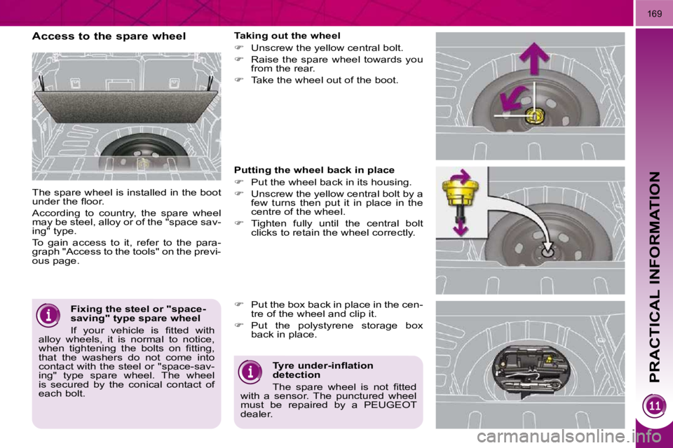 PEUGEOT 3008 2009.5.  Owners Manual PRACTICAL INFORMATION
169
  Fixing the steel or "space- 
saving" type spare wheel  
� �I�f�  �y�o�u�r�  �v�e�h�i�c�l�e�  �i�s�  �ﬁ� �t�t�e�d�  �w�i�t�h� 
�a�l�l�o�y�  �w�h�e�e�l�s�,�  �i�t�  �i�s�  