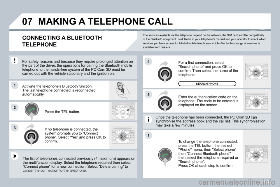PEUGEOT 3008 2009.5.  Owners Manual 225
�0�7
1
3
5
�4
�2
1
 The services available via the telephone depend on the network, the SIM card and the compatibility of the Bluetooth equipment used. Refer to your telephones manual and your op