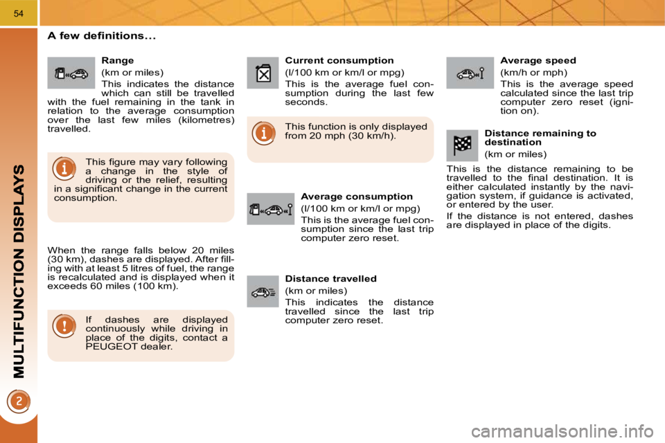 PEUGEOT 3008 2009.5.  Owners Manual 54
A few definitions… 
 When  the  range  falls  below  20  miles  
�(�3�0� �k�m�)�,� �d�a�s�h�e�s� �a�r�e� �d�i�s�p�l�a�y�e�d�.� �A�f�t�e�r� �ﬁ� �l�l�-
ing with at least 5 litres of fuel, the ran